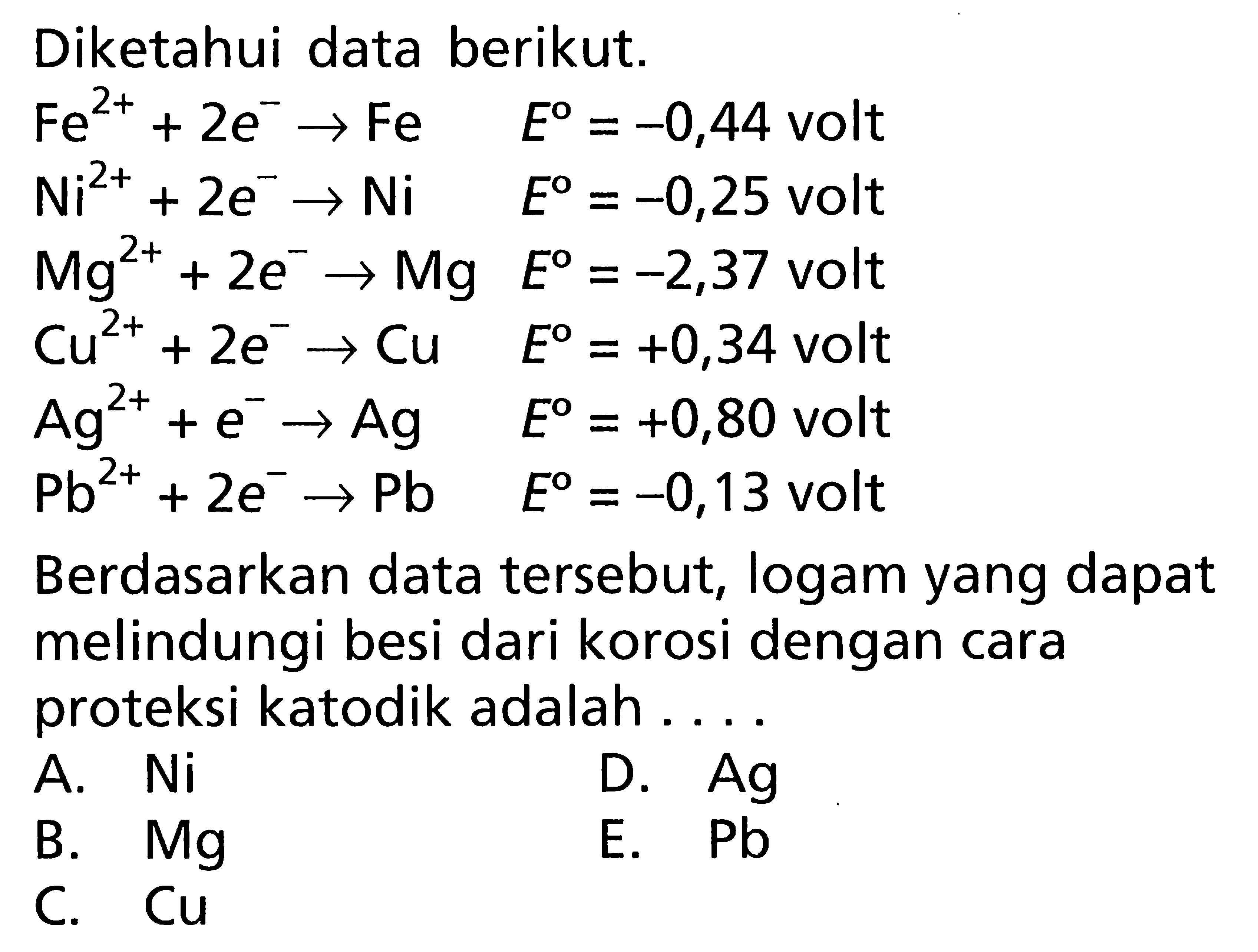 Diketahui data berikut. Fe^(2+) + 2e^- -> Fe E = -0,44 volt Ni^(2+) + 2e^- -> Ni E = -0,25 volt Mg^(2+) + 2e^- -> Mg E = -2,37 volt Cu^(2+) + 2e^- -> Cu E = +0,34 volt Ag^(2+) + 2e^- -> Ag E = +0,80 volt Pb^(2+) + 2e^- -> Pb E = -0,13 volt Berdasarkan data tersebut, logam yang dapat melindungi besi dari korosi dengan cara proteksi katodik adalah ....