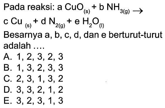Pada reaksi: a CuO(s)+b NH3(g)->c Cu(s)+d N2(g)+e H2O(1)Besarnya a, b, c, d, dan e berturut-turut adalah  .... .