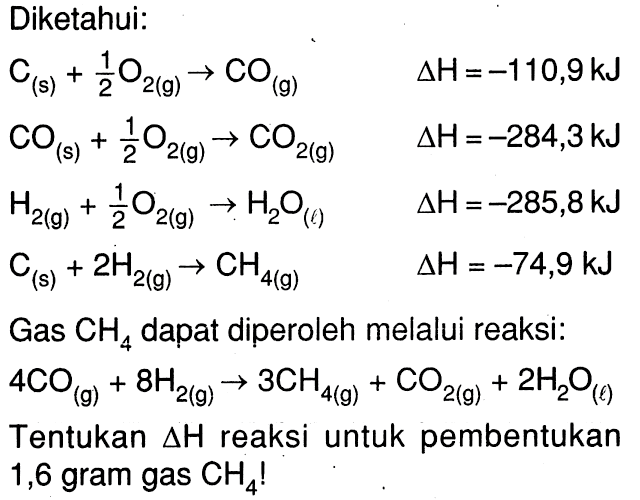 Diketahui: C (s) + 1/2 O2 (g) -> CO (g) delta H = -110,9 kJ CO2 (g) + 1/2 O2 (g) -> CO2 (g) delta H = -284,3 kJ H2 (g) + 1/2 O2 (g) -> H2O (l) delta H = -285,8 kJ C (s) + 2 H2 -> CH4 (g) delta H = -74,9 kJ Gas CH4 dapat diperoleh melalui reaksi: 4 CO (g) + 8 H2 (g) -> 3 CH4 (g) + CO2 (g) + 2 H2O (l) Tentukan delta H reaksi untuk pembentukan 1,6 gram gas CH4 !