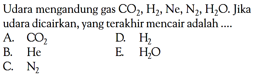 Udara mengandung gas CO2, H2, Ne, N2, H2O. Jika udara dicairkan, yang terakhir mencair adalah ...