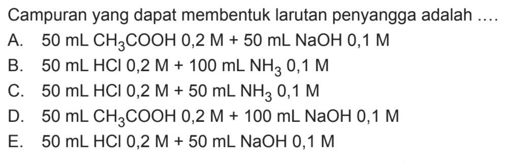 Campuran yang dapat membentuk larutan penyangga adalah .... A. 50 mL CH3 COOH 0,2 M+50 mL NaOH 0,1 M B. 50 mL HCl 0,2 M+100 mL NH3 0,1 M C. 50 mL HCl 0,2 M+50 mL NH3 0,1 M D. 50 mL CH3 COOH 0,2 M+100 mL NaOH 0,1 M E. 50 mL HCl 0,2 M+50 mL NaOH 0,1 M