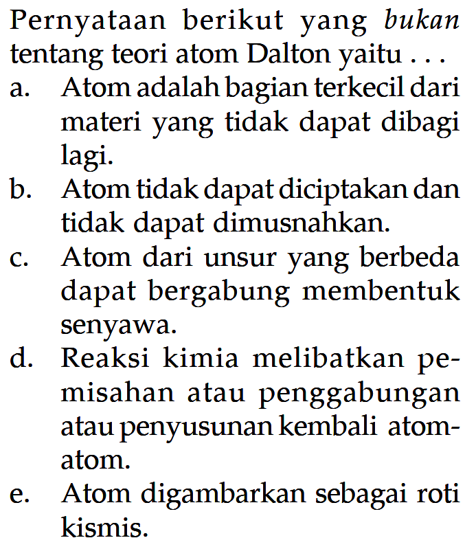 Pernyataan berikut yang bukan tentang teori atom Dalton yaitu . . . .