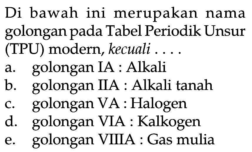Di bawah ini merupakan nama golongan pada Tabel Periodik Unsur (TPU) modern, kecuali . . . .