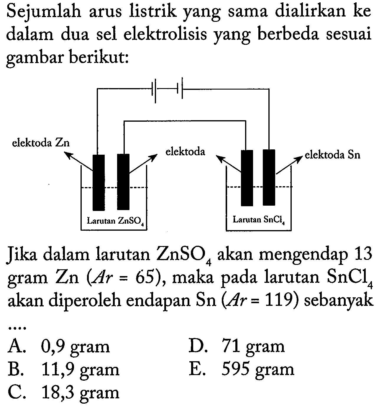 Sejumlah arus listrik yang sama dialirkan ke dalam dua sel elektrolisis yang berbeda sesuai gambar berikut:elektroda Zn elektroda elektroda Sn Larutan ZnSO4 Larutan SnCl4  Jika dalam larutan  ZnSO4  akan mengendap 13 gram  Zn(A r=65) , maka pada larutan  SnCl4  akan diperoleh endapan  Sn(A r=119)  sebanyak 