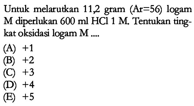 Untuk melarutkan 11,2 gram (Ar=50) logam M diperlukan 600 ml HCl 1 M. Tentukan tingkat oksidasi logam M ....