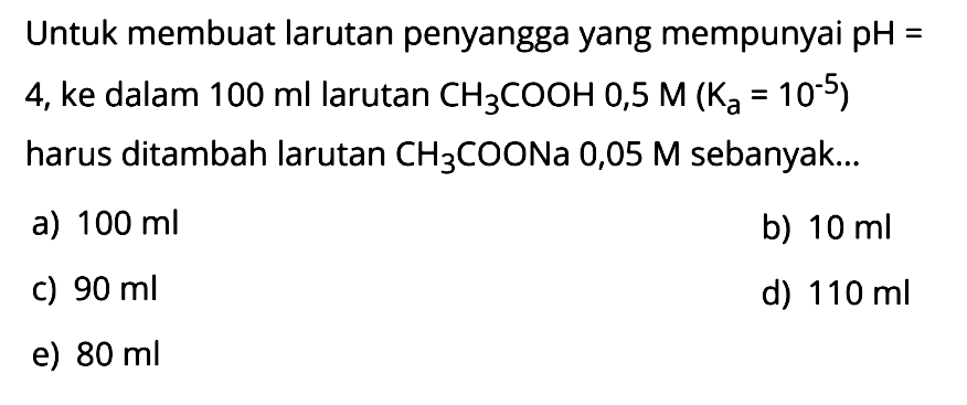 Untuk membuat larutan penyangga yang mempunyai pH=4, ke dalam 100 ml larutan CH3COOH 0,5 M (Ka=10^(-5)) harus ditambah larutan CH3COONa 0,05 M sebanyak....