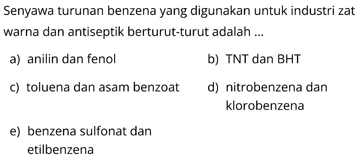 Senyawa turunan benzena yang digunakan untuk industri zat warna dan antiseptik berturut-turut adalah ...
a) anilin dan fenol
b) TNT dan BHT
c) toluena dan asam benzoat
d) nitrobenzena dan klorobenzena
e) benzena sulfonat dan etilbenzena