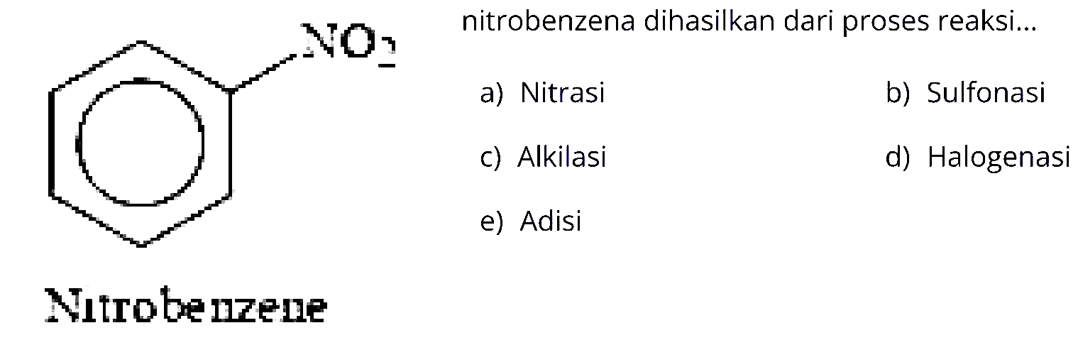 NO2
nitrobenzena dihasilkan dari proses reaksi...
a) Nitrasi
b) Sulfonasi
c) Alkilasi
d) Halogenasi
e) Adisi
Nitrobenzene