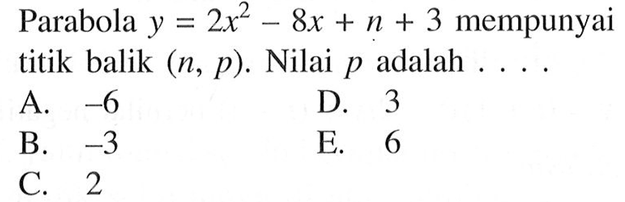 Parabola y=2x^2-8x+n+3 mempunyai titik balik (n,p). Nilai p adalah ....