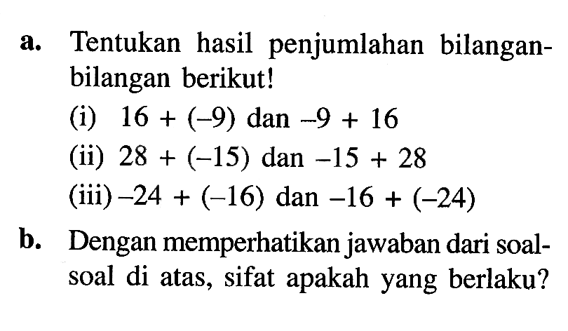 a. Tentukan hasil penjumlahan bilangan-bilangan berikut! (i) 16 + (-9) dan -9 + 16 (ii) 28 + (-15) dan -15 + 28 (iii) -24 + (-16) dan -16 + (-24) b. Dengan memperhatikan jawaban dari soal-soal di atas, sifat apakah yang berlaku?