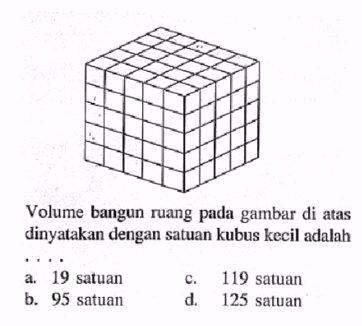 Volume bangun ruang pada gambar di atas dinyatakan dengan satuan kubus kecil adalaha. 19 satuanc. 119 satuanb. 95 satuand. 125 satuan