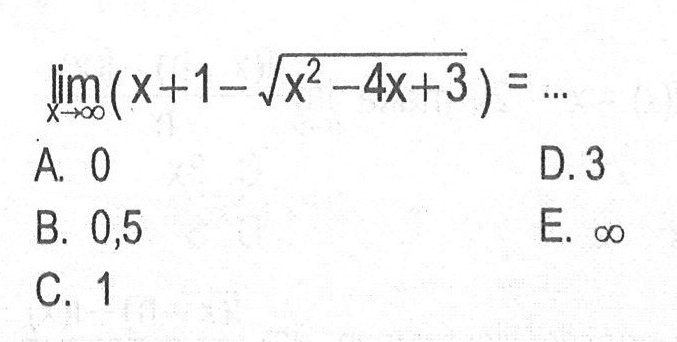 limit x mendekati tak hingga (x+1-akar(x^2-4x+3))= ....