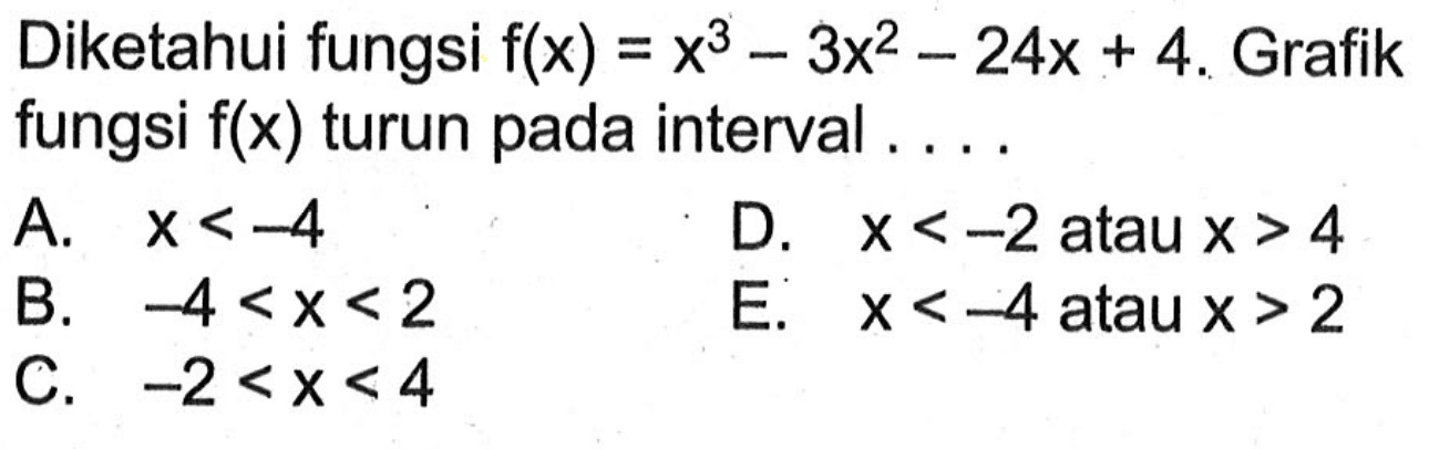 Diketahui fungsi f(x)=x^3-3x^2-24x+4. Grafik fungsi f(x) turun pada interval...