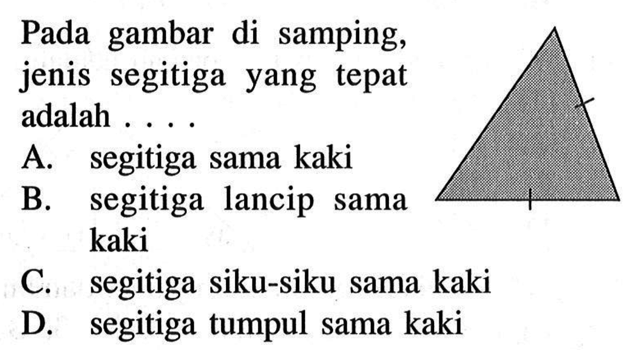 Pada gambar di samping, jenis segitiga yang tepat adalah ....A. segitiga sama kakiB. segitiga lancip sama kakiC. segitiga siku-siku sama kakiD. segitiga tumpul sama kaki