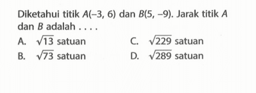 Diketahui titik A(-3, 6) dan B(5, -9). Jarak titik A dan B adalah ...