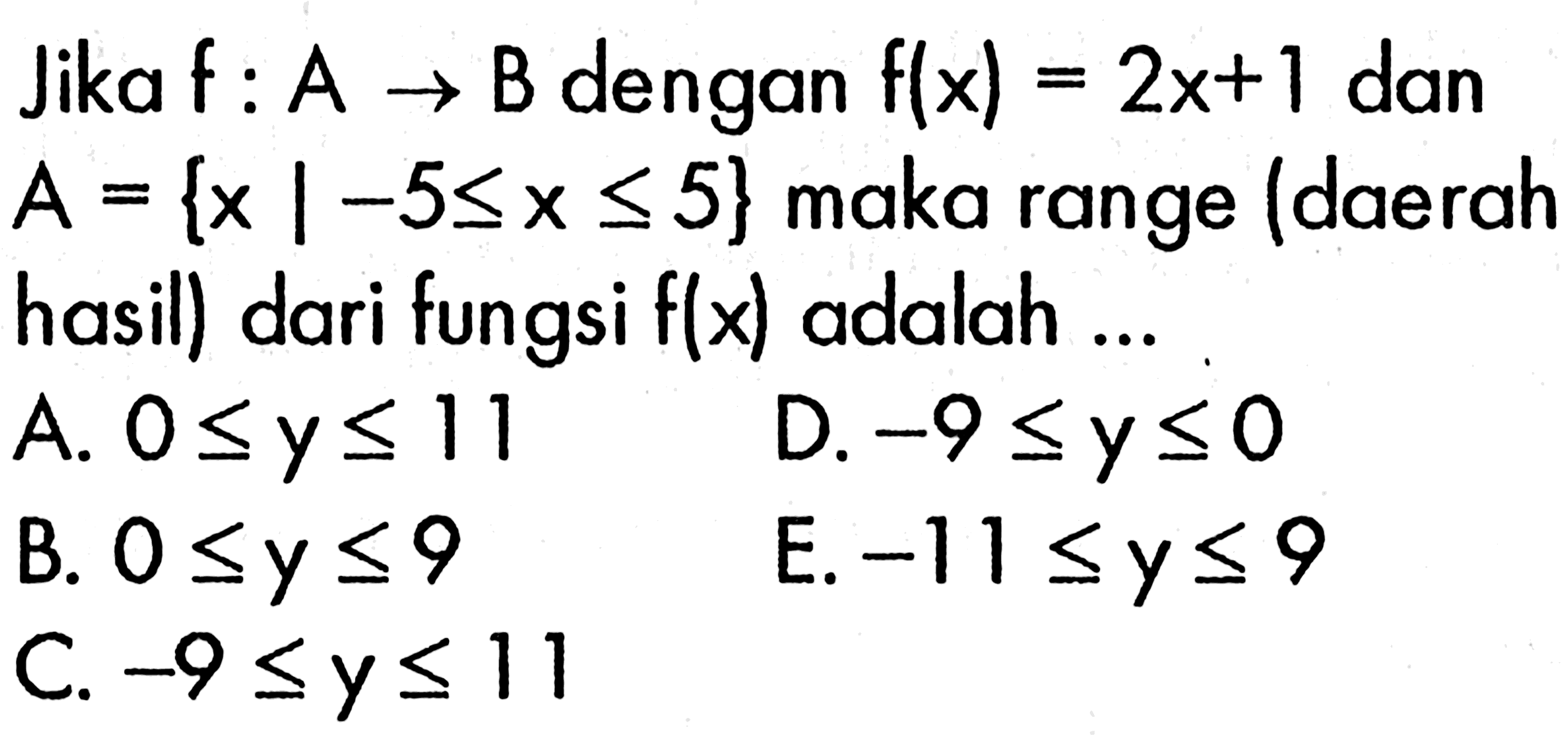 Jika f:A->B dengan f(x)=2 x+1 dan A={x|-5<=x<=5} maka range (daerah hasil) dari fungsi f(x) adalah ...
