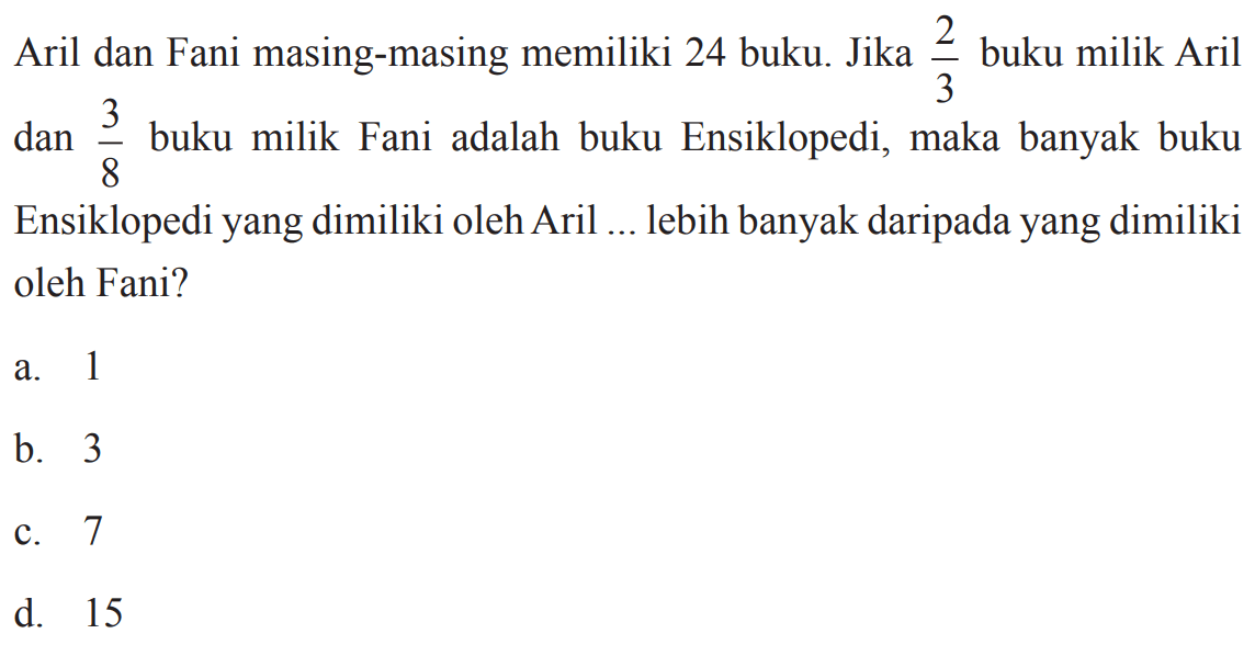 Aril dan Fani masing-masing memiliki 24 buku: Jika 2/3 buku milik Aril dan 3/8 buku milik Fani adalah buku Ensiklopedi, maka banyak buku Ensiklopedi yang dimiliki oleh Aril .... lebih banyak daripada yang dimiliki oleh Fani? 
 a. 1 
 b. 3 
 c. 7 
 d. 15