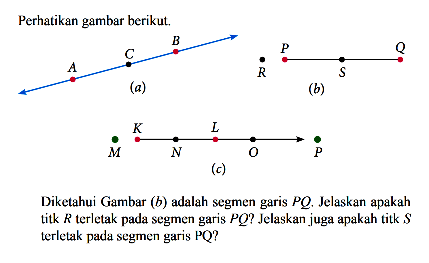 Perhatikan gambar berikut.(a) AC B (b) R P S Q (c) M K N L O PDiketahui Gambar (b) adalah segmen garis PQ. Jelaskan apakah titk R terletak pada segmen garis PQ? Jelaskan juga apakah titk S terletak pada segmen garis PQ? 