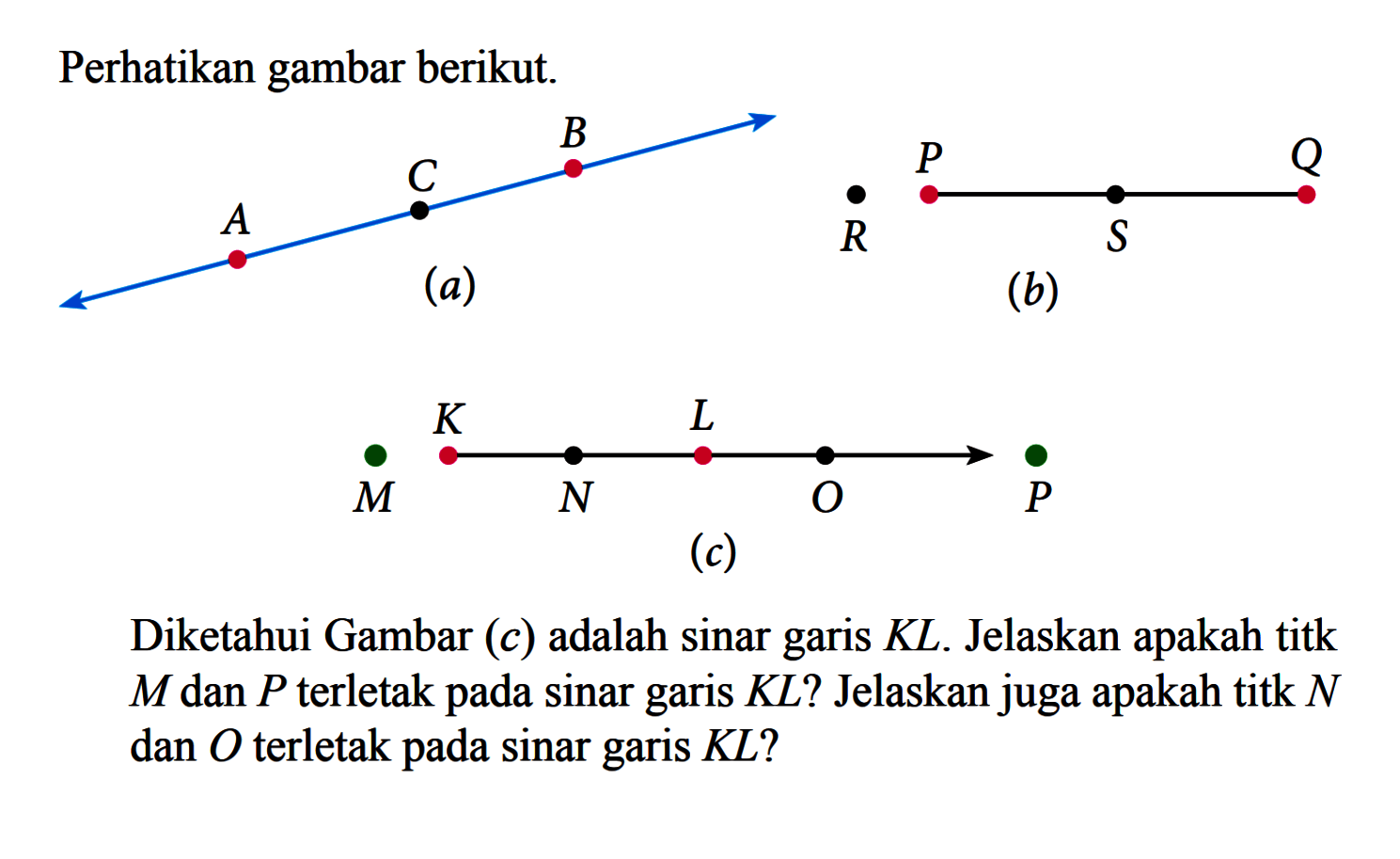 Perhatikan gambar berikut.(b)Diketahui Gambar  (c)  adalah sinar garis  K L . Jelaskan apakah titk  M  dan  P  terletak pada sinar garis  K L  ? Jelaskan juga apakah titk  N  dan  O  terletak pada sinar garis  K L  ?