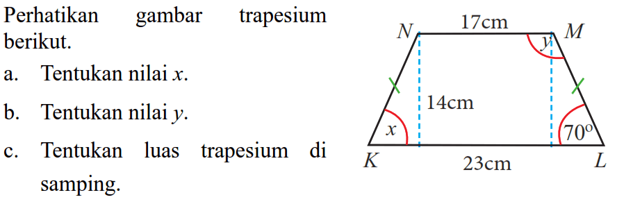 Perhatikan gambar trapesiuma. Tentukan nilai x b. Tentukan nilai y .c. Tentukan luas trapesium di samping.