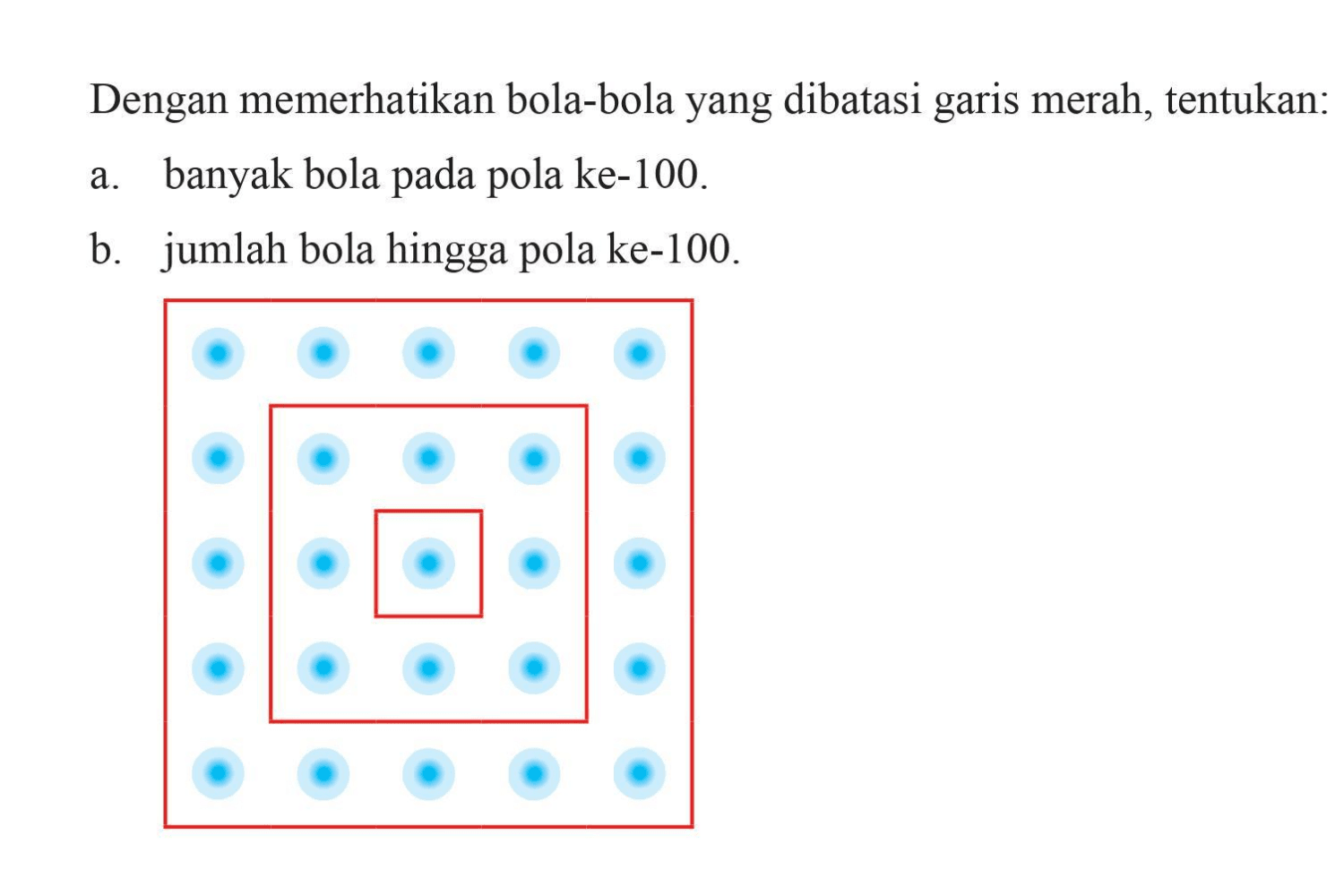 Dengan memerhatikan bola-bola yang dibatasi garis merah, tentukan: a. banyak bola pada pola ke-100. b. jumlah bola hingga pola ke-100.