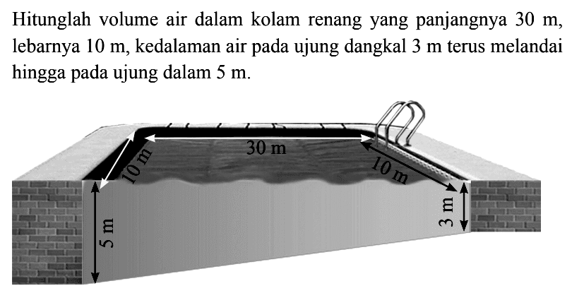 Hitunglah volume air dalam kolam renangyang panjangnya 30 m, lebarnya 10 m, kedalaman air pada ujung dangkal 3 m terus melandai hingga pada ujung dalam 5 m.10 m 30 m 10 m 5 m 3 m