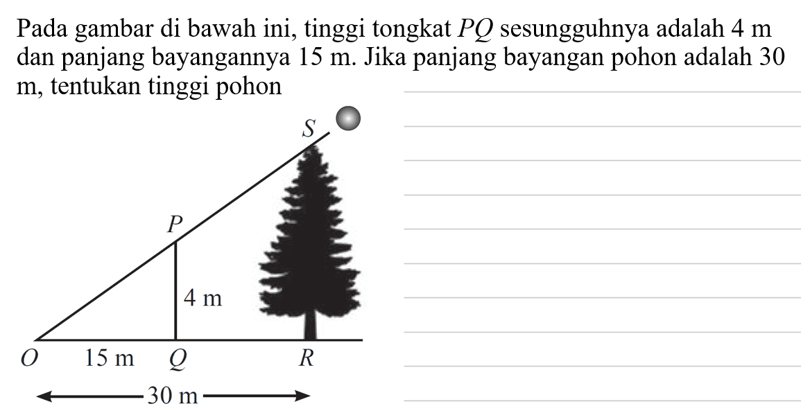 Pada gambar di bawahini, tinggi tongkat PQ sesungguhnya adalah 4 m dan panjang bayangannya 15 m. Jika panjang bayangan pohon adalah 30 m, tentukan tinggi pohonS P 4 m O 15 m Q R 30 m