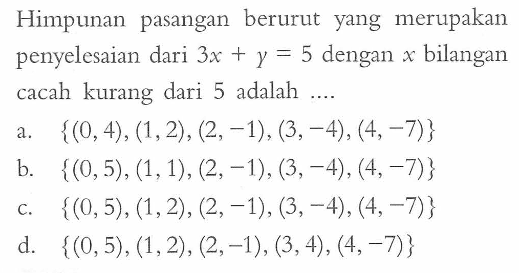 Himpunan pasangan berurut yang merupakan penyelesaian dari 3x + y = 5 dengan x bilangan cacah kurang dari 5 adalah ...