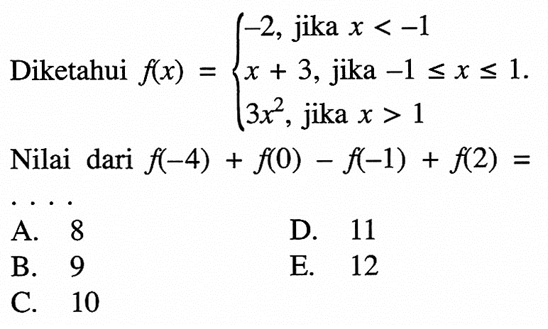 Diketahui f(x)=-2, jika x<-1x+3, jika -1<=x<=13x^2, jika x>1Nilai dari f(-4)+f(0)-f(-1)+f(2)=