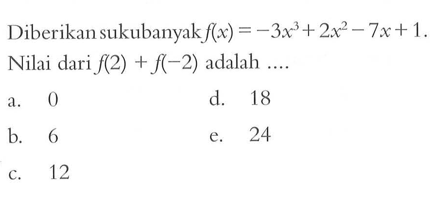 Diberikan sukubanyak f(x)=-3x^2+2x^2-7x+1. Nilai dari f(2) + f(-2) adalah ....
