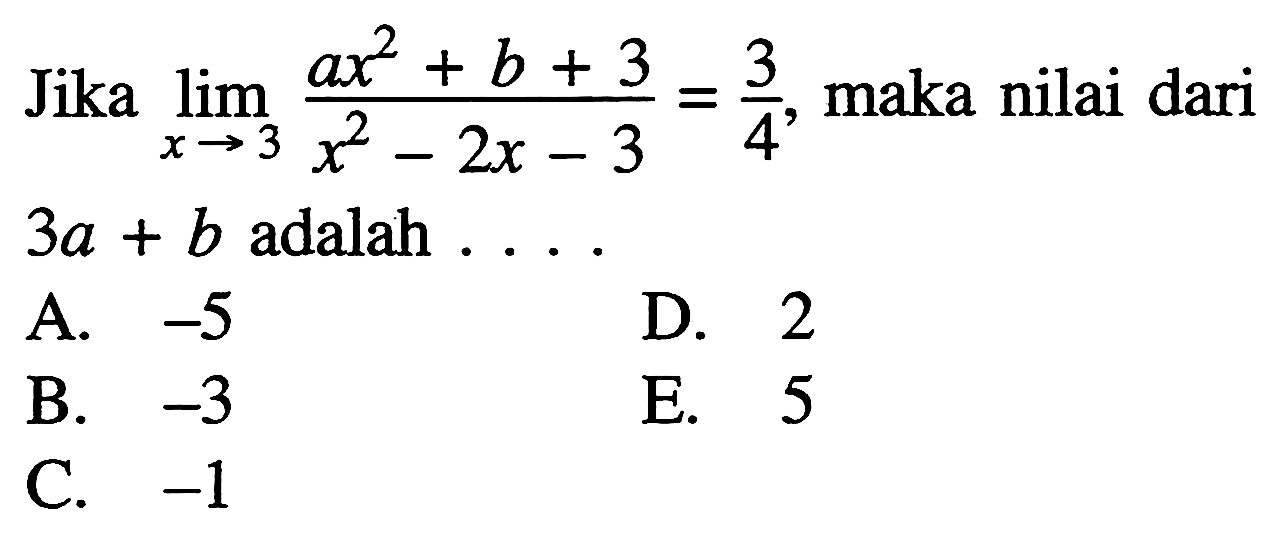 Jika  limit x->3 (ax^2+b+3)/(x^2-2x-3)=3/4, maka nilai dari 3a+b adalah  .... 