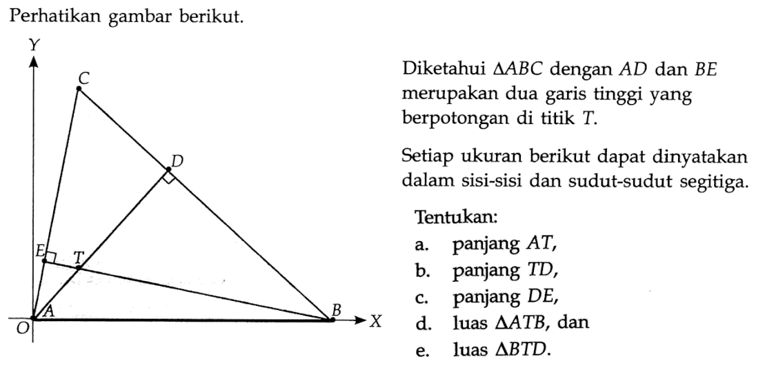 Perhatikan gambar berikut. C D E T A B Diketahui segitiga ABC dengan AD dan BE merupakan dua garis tinggi yang berpotongan di titik T. Setiap ukuran berikut dapat dinyatakan dalam sisi-sisi dan sudut-sudut segitiga. Tentukan: a. panjang AT, b. panjang TD, c. panjang DE, d. luas segitiga ATB, dan e. luas segitiga BTD. 