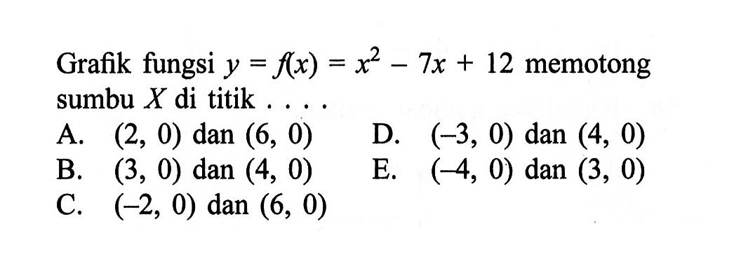 Grafik fungsi y=f(x)=x^2-7x+12 memotong sumbu X di titik....