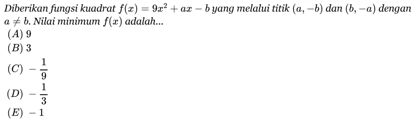 Diberikan fungsi kuadrat f(x)=9x^2+ax-b yang melalui titik (a, -b) dan (b, -a) dengan a =/= b. Nilai minimum f(x) adalah....