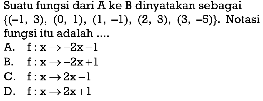 Suatu fungsi dari A ke B dinyatakan sebagai {(-1, 3), (0, 1), (1, -1), (2, 3), (3, -5)}. Notasi fungsi itu adalah...
