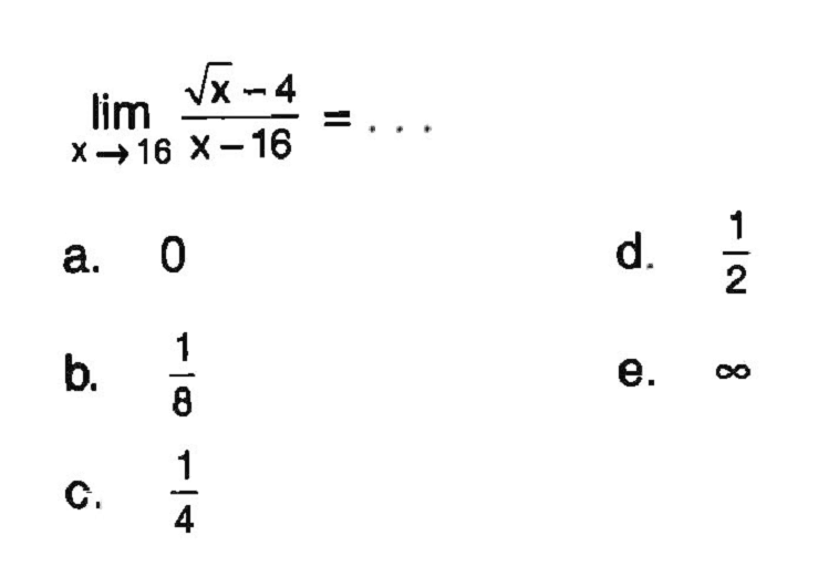 lim  x -> 16 (akar(x)-4)/(x-16)=...