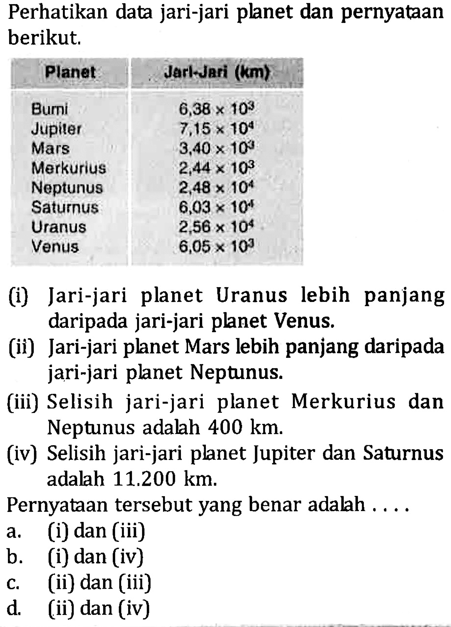 Perhatikan data jari-jari planet dan pernyataan berikut. Planet Jarl-Jari (km) Bumi 6,38 x 10^3 Jupiter 7,15 x 10^4 Mars 3,40 x 10^3 Merkurius 2,44 x 10^3 Neptunus 2,48 x 10^4 Saturnus 6,03 x 10^4 Uranus 2,56 x 10^4 Venus 6,05 x 10^3 (i) Jari-jari planet Uranus lebih panjang daripada jari-jari planet Venus. (ii) Jari-jari planet Mars lebih panjang daripada jari-jari planet Neptunus. (iii) Selisih jari-jari planet Merkurius dan Neptunus adalah 400 km. (iv) Selisih jari-jari planet Jupiter dan Saturnus adalah 11.200 km. Pernyataan tersebut yang benar adalah....