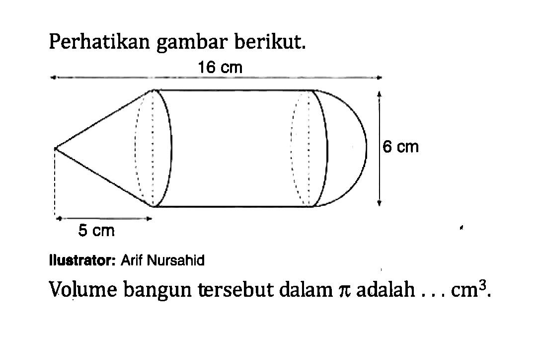 Perhatikan gambar berikut. 16 cm 6 cm 5 cm Illustrator: Arif Nursahid Volume bangun tersebut dalam pi adalah .... cm^3.
