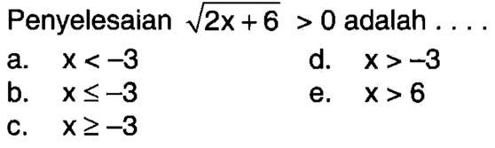 Penyelesaian dari akar(2x+6)>0 adalah . . . .
