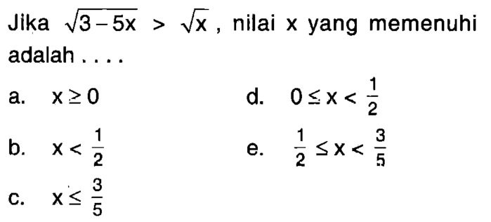 Jika akar(3-5x) > akar(x), nilai x yang memenuhi adalah....