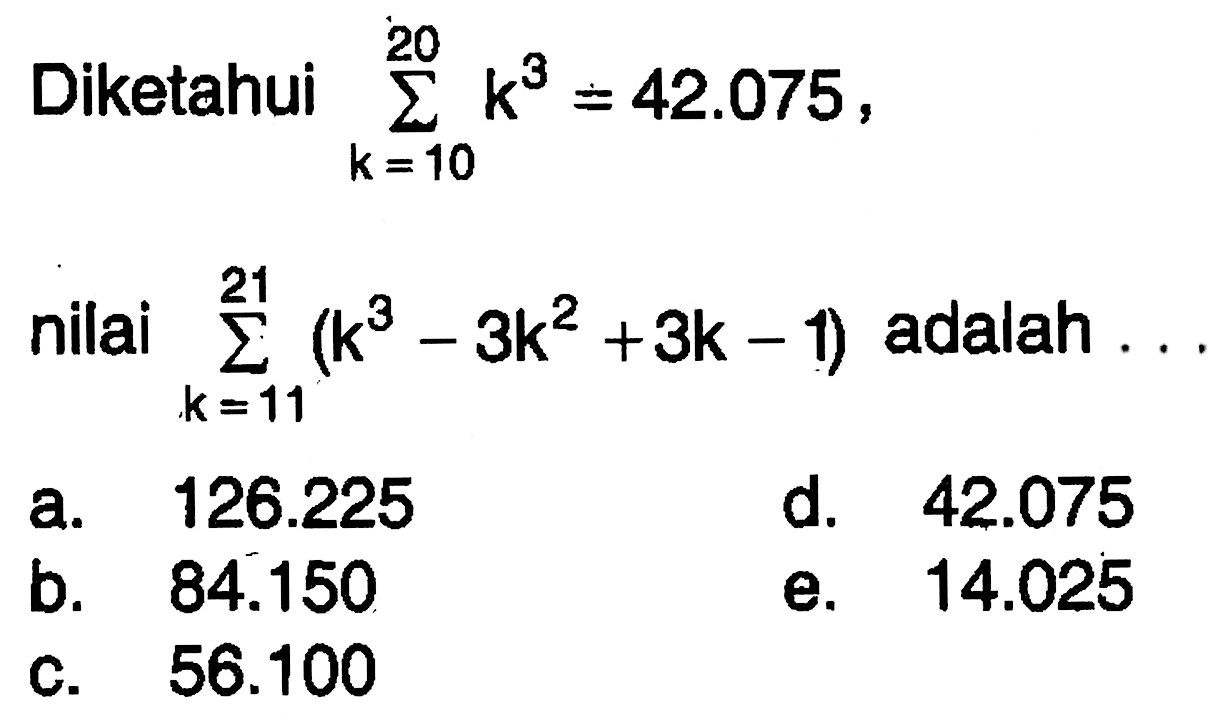 Diketahui sigma k=10 20 (k^3)=42.075, nilai sigma k=11 21 (k^3-3k^2+3k-1) adalah ...