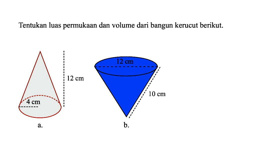 Tentukan luas permukaan dan volume dari bangun kerucut berikut.