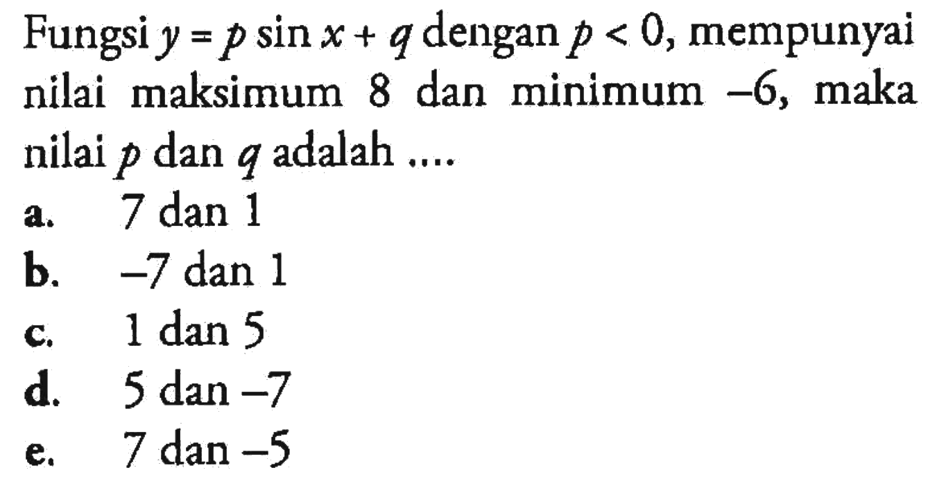 Fungsi  y=p sin x+q  dengan  p<0 , mempunyai nilai maksimum 8 dan minimum  -6 , maka nilai  p  dan  q  adalah ....