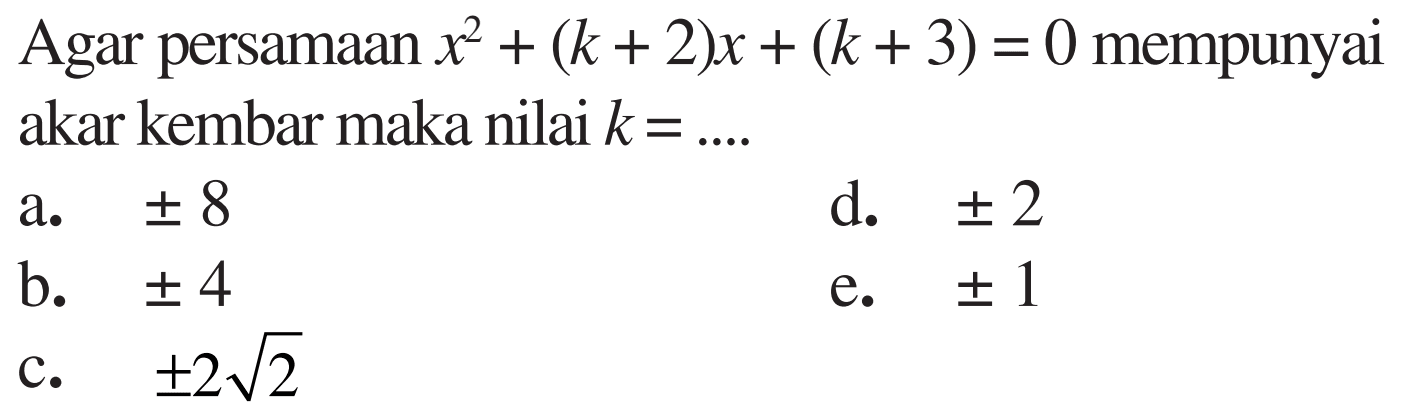 Agar persamaan x^2 + (k+2)x + (k+ 3) = 0 mempunyai akar kembar maka nilai k =