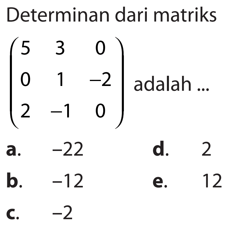 Determinan dari matriks (5 3 0 0 1 -2 2 -1 0) adalah...