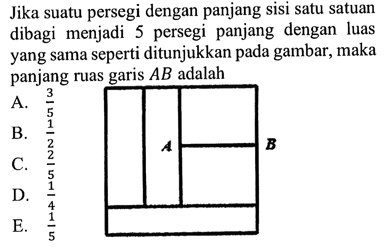 Jika suatu persegi dengan panjang sisi satu satuan dibagi menjadi 5 persegi panjang dengan luas yang sama seperti ditunjukkan pada gambar, maka panjang ruas garis  AB  adalahA B 