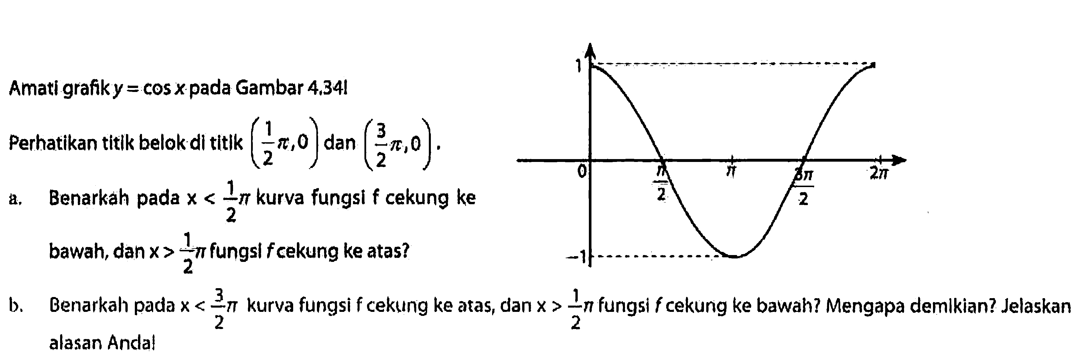 1 0 pi/2 pi (3 pi)/2 2 pi -1 
Amati grafik y = cos x pada Gambar 4.34! Perhatikan titik belok di titik (1/2 pi, 0) dan (3/2 pi, 0). 
a. Benarkah pada x < 1/2 pi kurva fungsi f cekung ke bawah, dan x > 1/2 pi fungsi f cekung ke atas? 
b. Benarkah pada x < 3/2 pi kurva fungsi f cekung ke atas, dan x > 1/2 pi fungsi f cekung ke bawah? Mengapa demikian? Jelaskan alasan Anda!