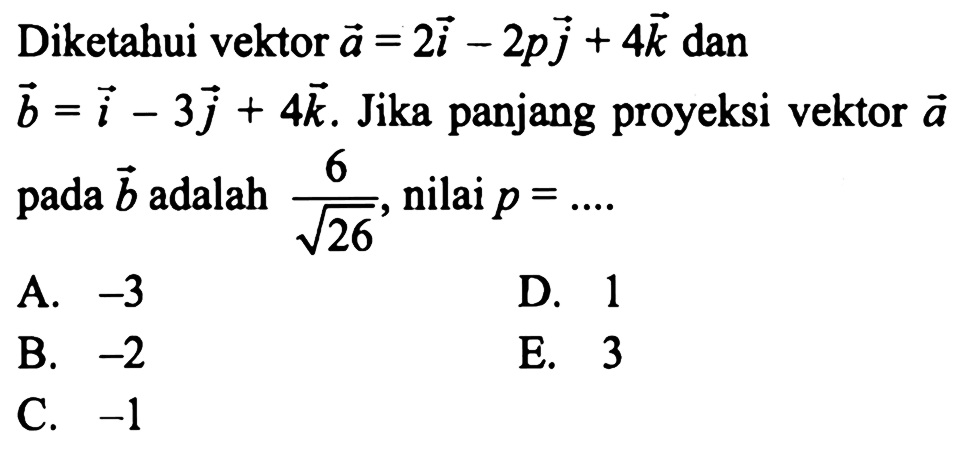 Diketahui vektor a=2i-2pj+4k dan vektor b=i-3j+4k. Jika panjang proyeksi vektor a pada vektor b adalah 6/akar(26), nilai p=... 