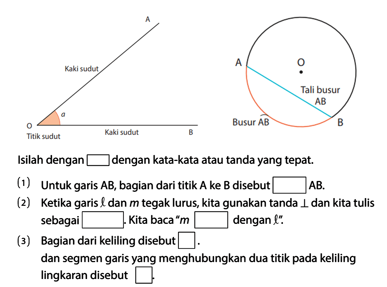 A O B Kaki sudut Titik sudut Kaki sudut a A O B Tali busur AB Busur AB 
Isilah dengan dengan kata-kata atau tanda yang tepat.
(1) Untuk garis AB, bagian dari titik A ke B disebut ... AB.
(2) Ketika garis l dan m tegak lurus, kita gunakan tanda tegak lurus dan kita tulis sebagai .... Kita baca " m ... dengan l".
(3) Bagian dari keliling disebut ... dan segmen garis yang menghubungkan dua titik pada keliling lingkaran disebut ...