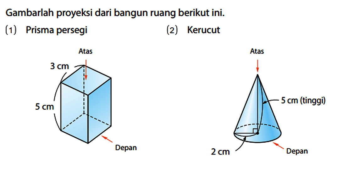 Gambarlah proyeksi dari bangun ruang berikut ini.
(1) Prisma persegi Atas 3 cm 5 cm Depan (2) Kerucut Atas 5 cm (tinggi) 2 cm Depan 